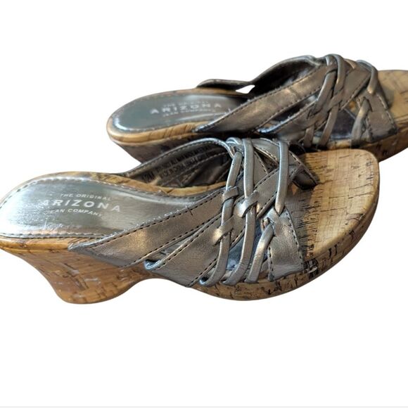 Arizona Jean Kids Y2K Silver Metallic Cork Wedge Sandals Size 12 - Picture 2 of 8